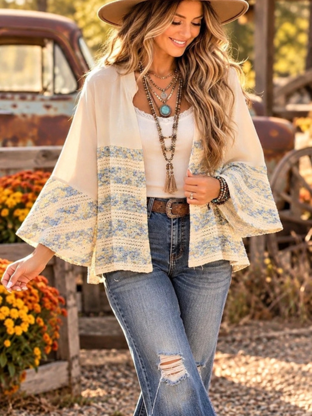 Young Threads Color Block Bell Sleeve Cardigan in Cream & Blue Size Large N